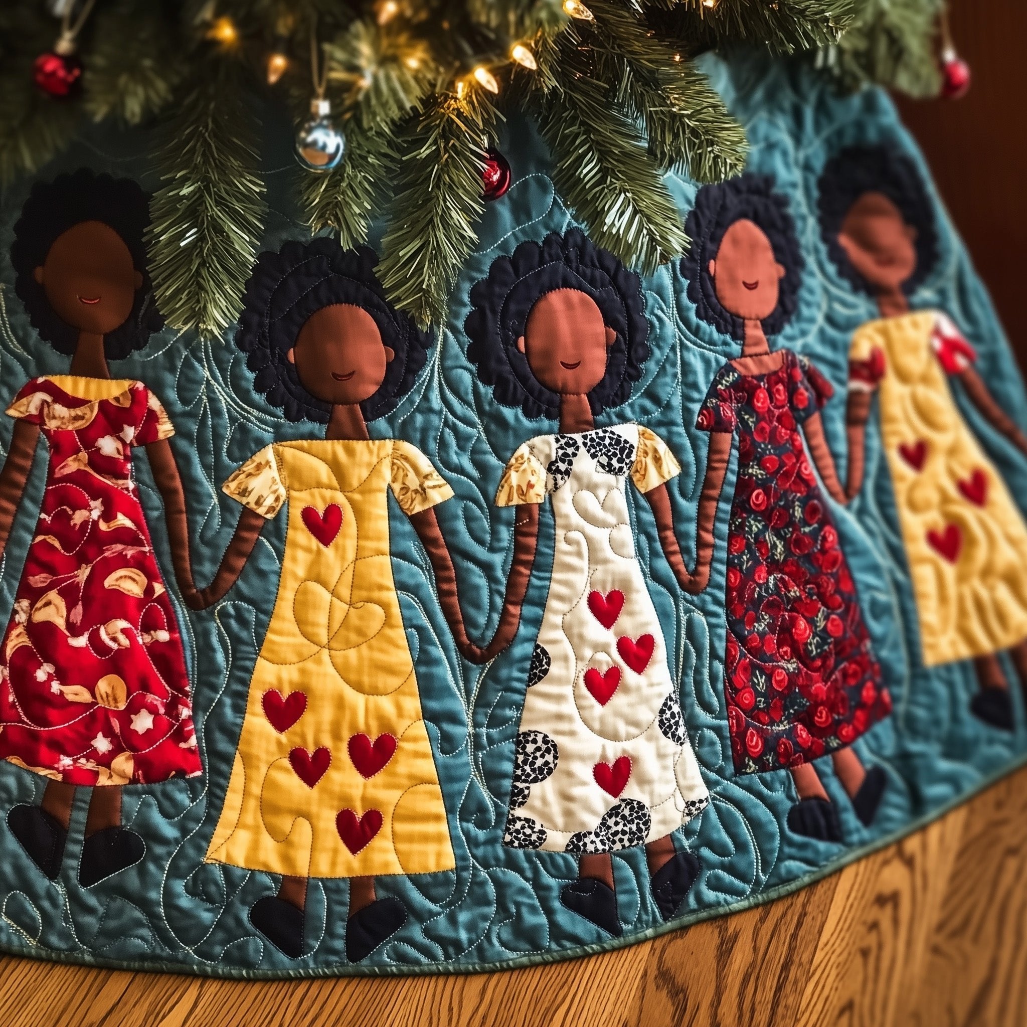 Women in Yellow Dresses on Teal Christmas Tree Skirt
