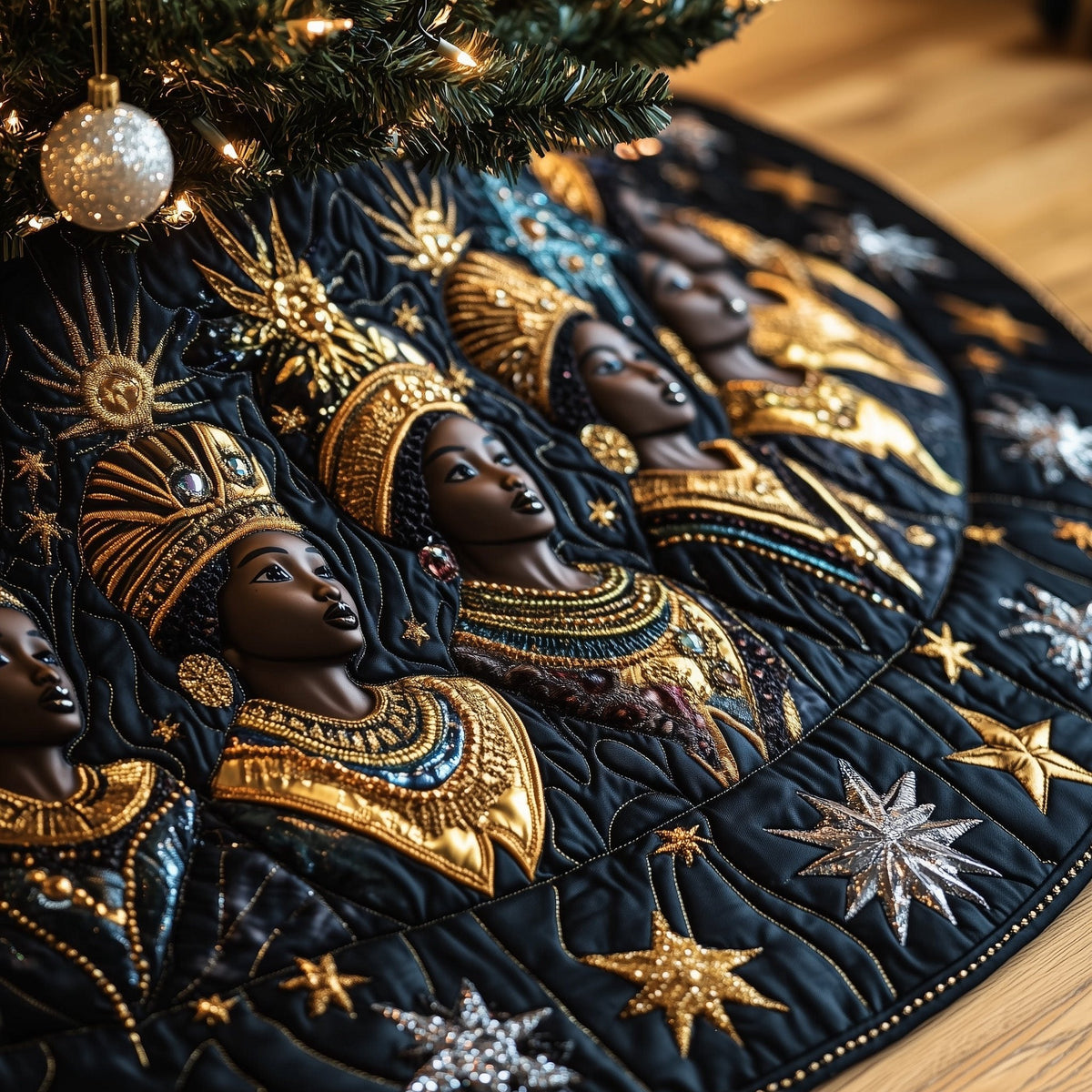Women in Golden Crowns on Navy Christmas Tree Skirt
