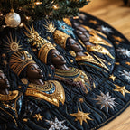Women in Golden Crowns on Navy Christmas Tree Skirt