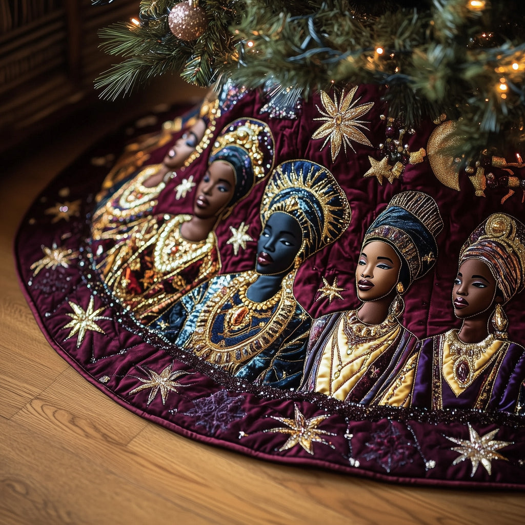 Women in Headwraps on Burgundy Stars Christmas Tree Skirt