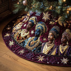 Women in Headwraps on Burgundy Stars Christmas Tree Skirt