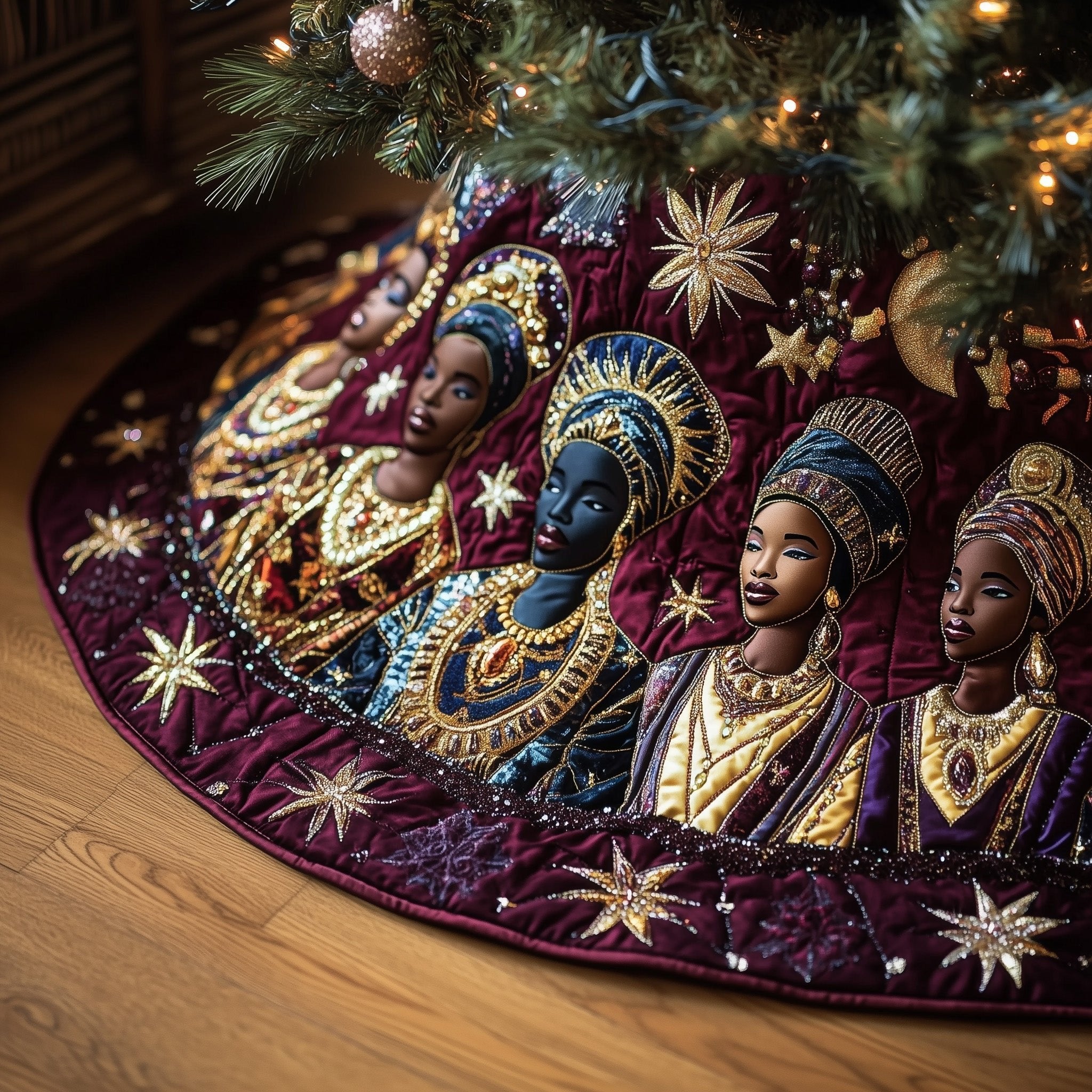 Women in Headwraps on Burgundy Stars Christmas Tree Skirt