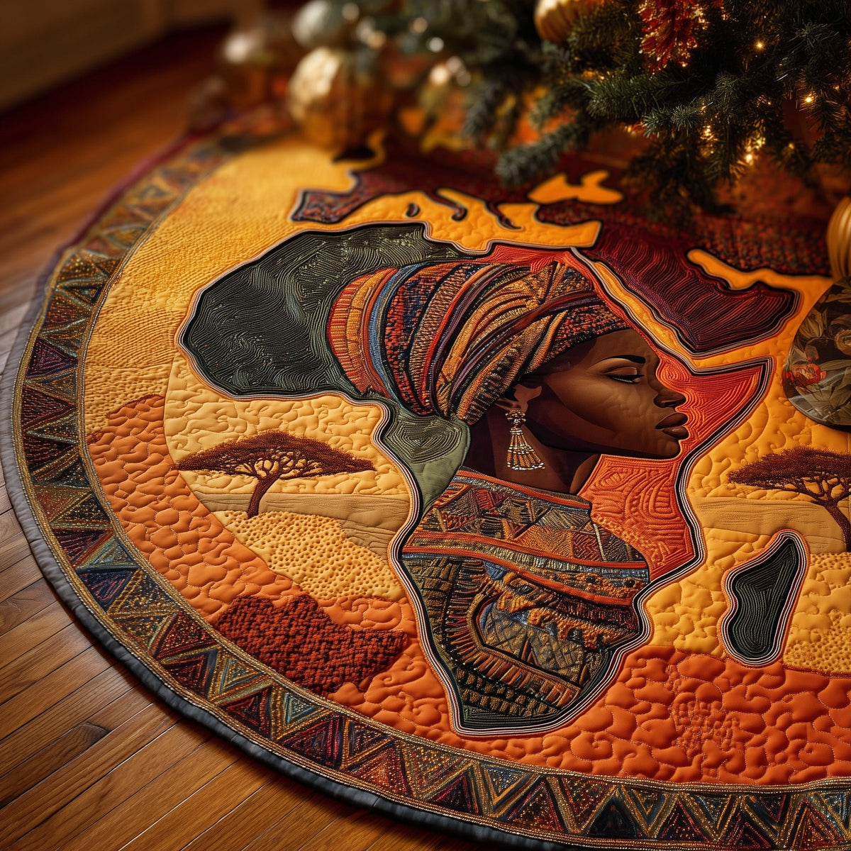 Woman and Africa Continent Orange Christmas Tree Skirt