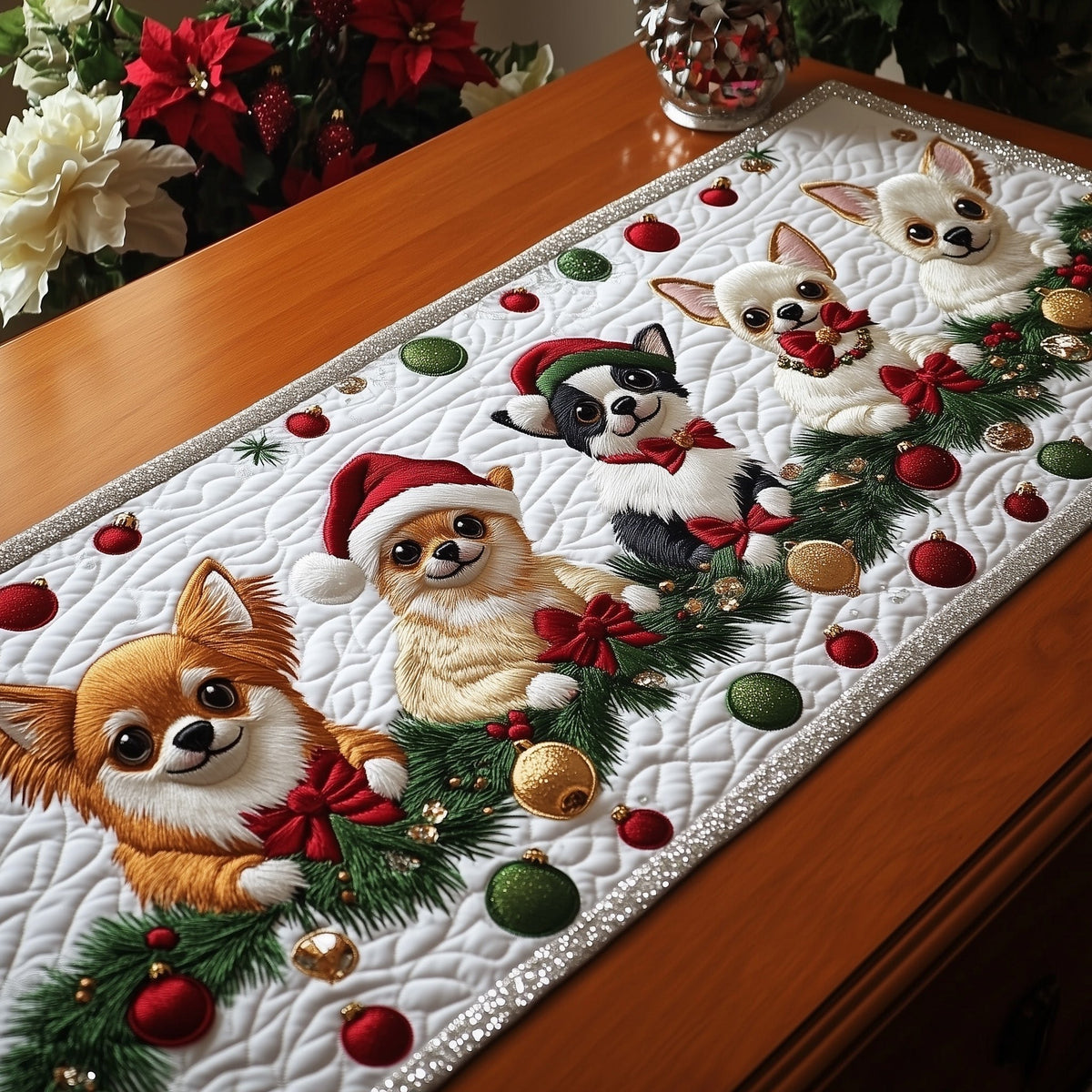 Chihuahuas with Holly on Cream Table Runner