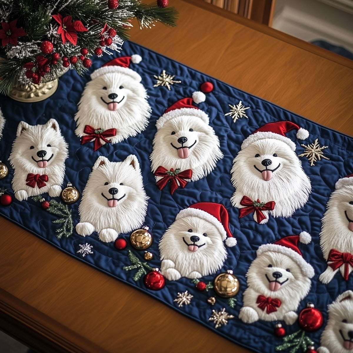 White Dogs in Santa Hats on Blue Table Runner