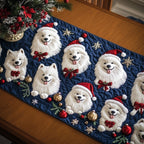 White Dogs in Santa Hats on Blue Table Runner