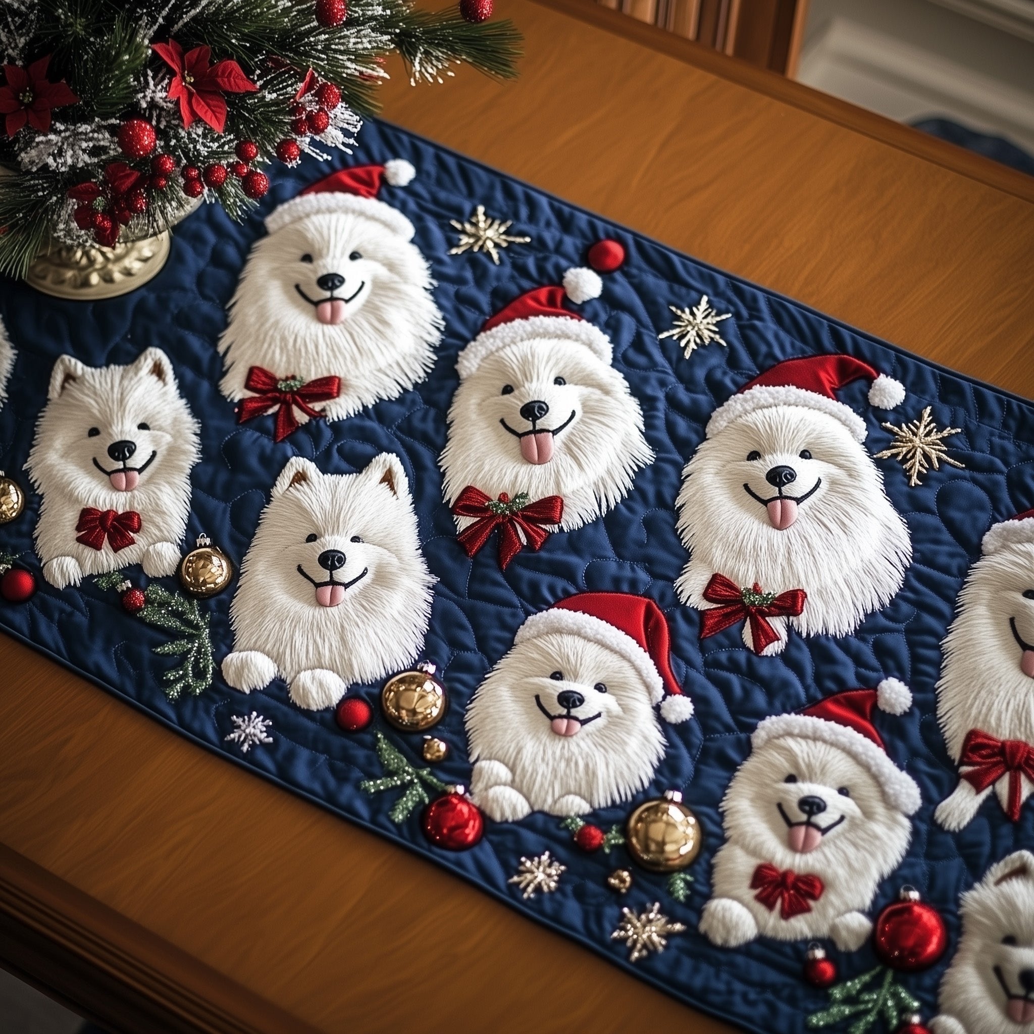 White Dogs in Santa Hats on Blue Table Runner