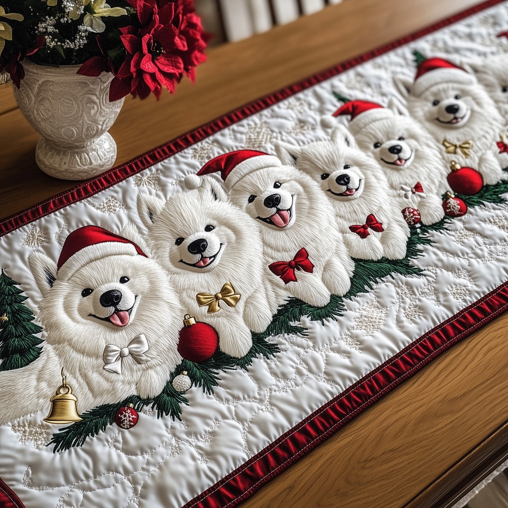 Fluffy White Dogs with Red Bows Table Runner