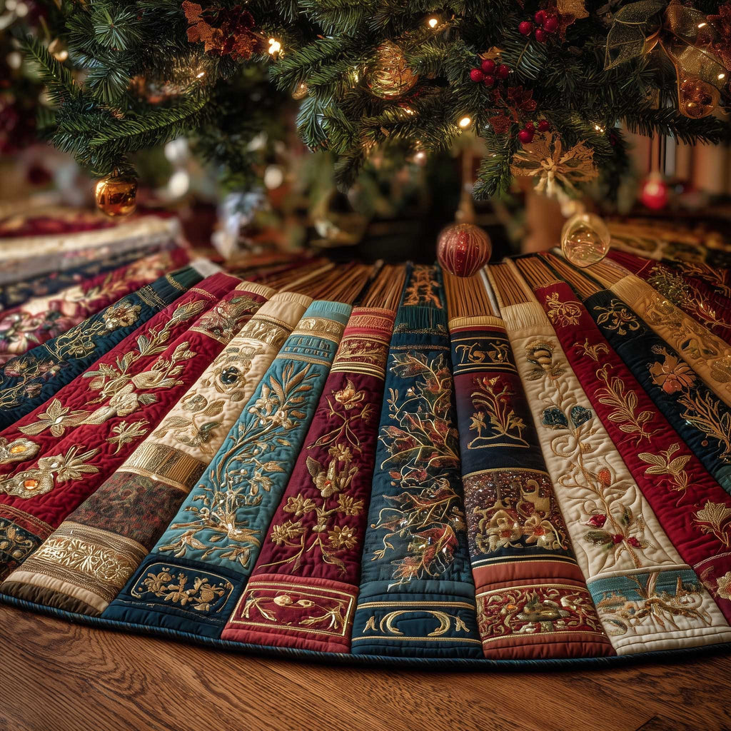 Teal and Red Damask Stripes Christmas Tree Skirt