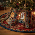 Cozy Library Room with Bookshelves Christmas Tree Skirt