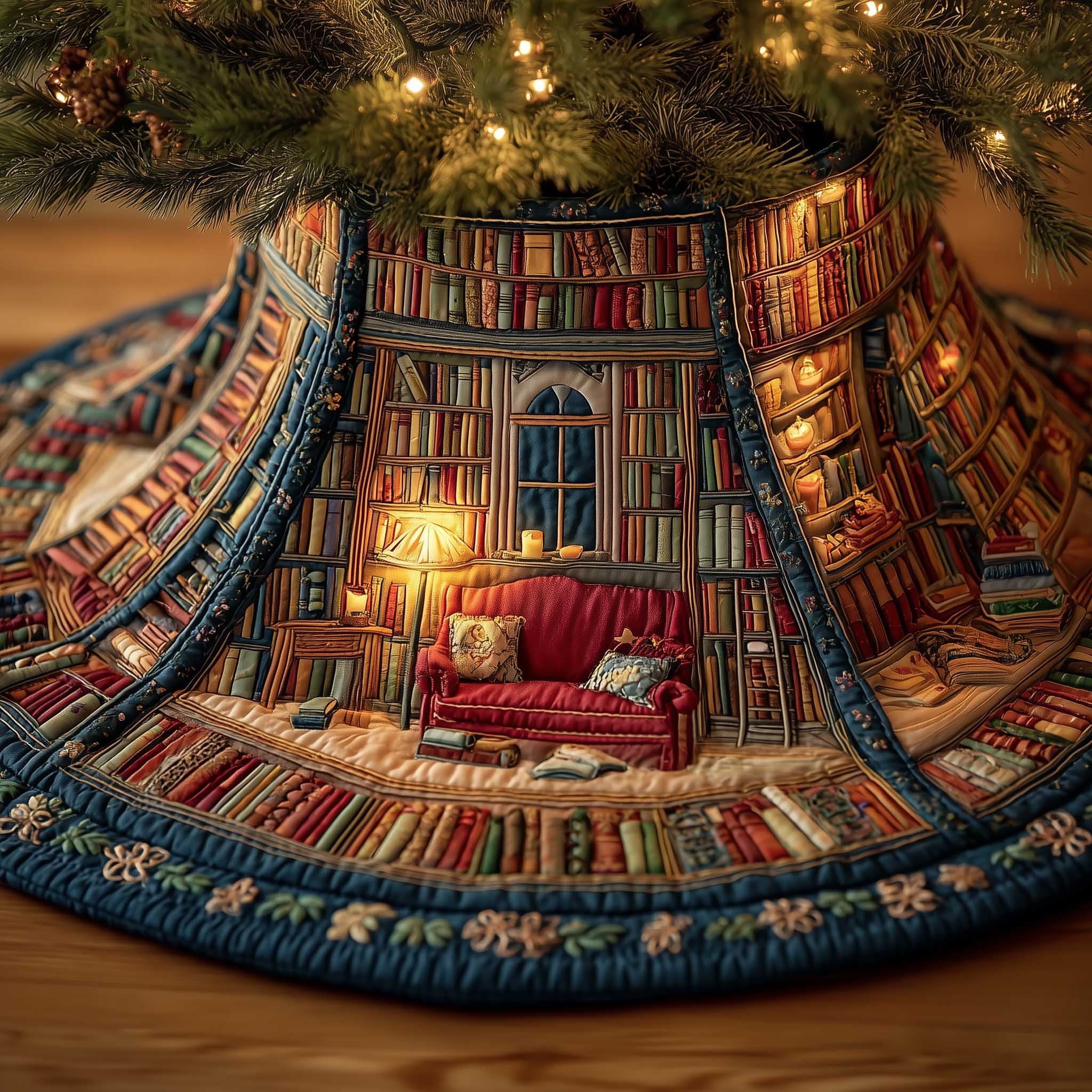 Library Nook with Red Sofa Christmas Tree Skirt