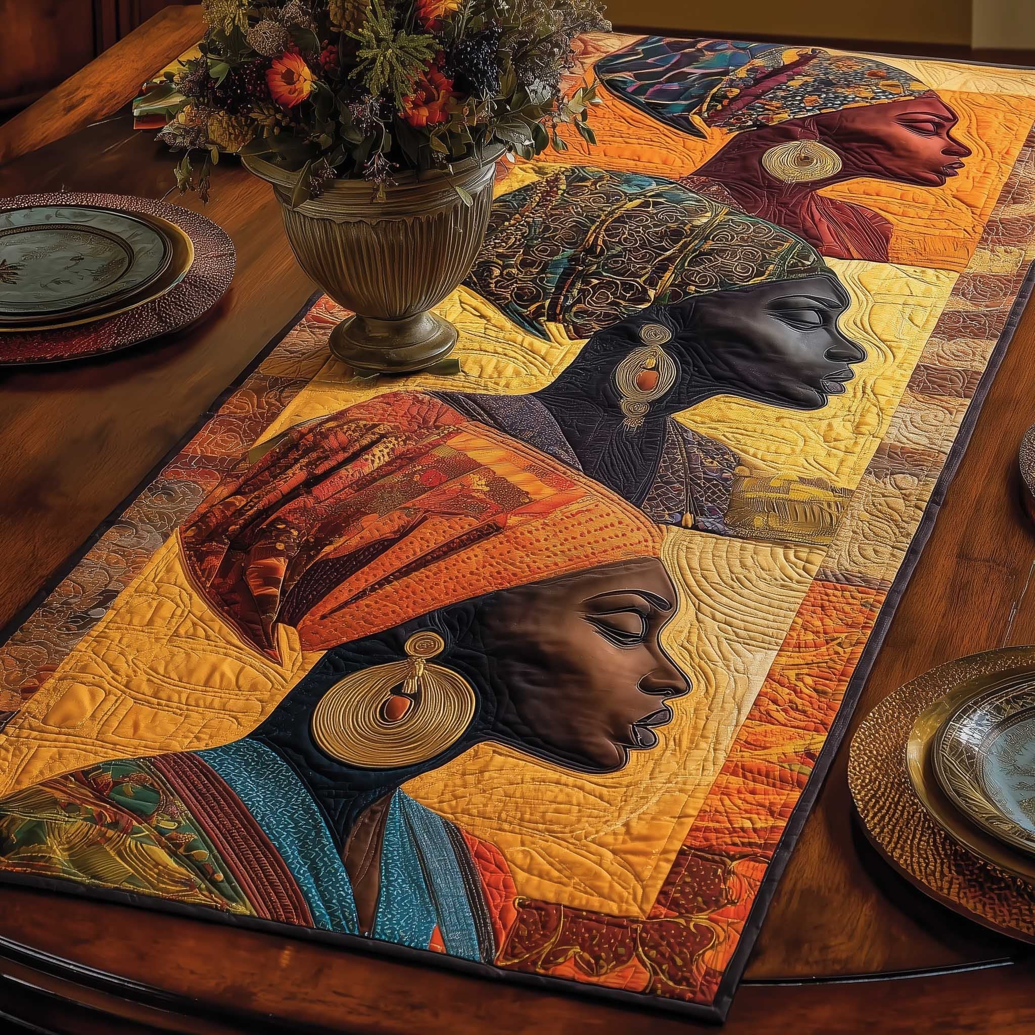 Two Women in Headwraps at Sunset Table Runner