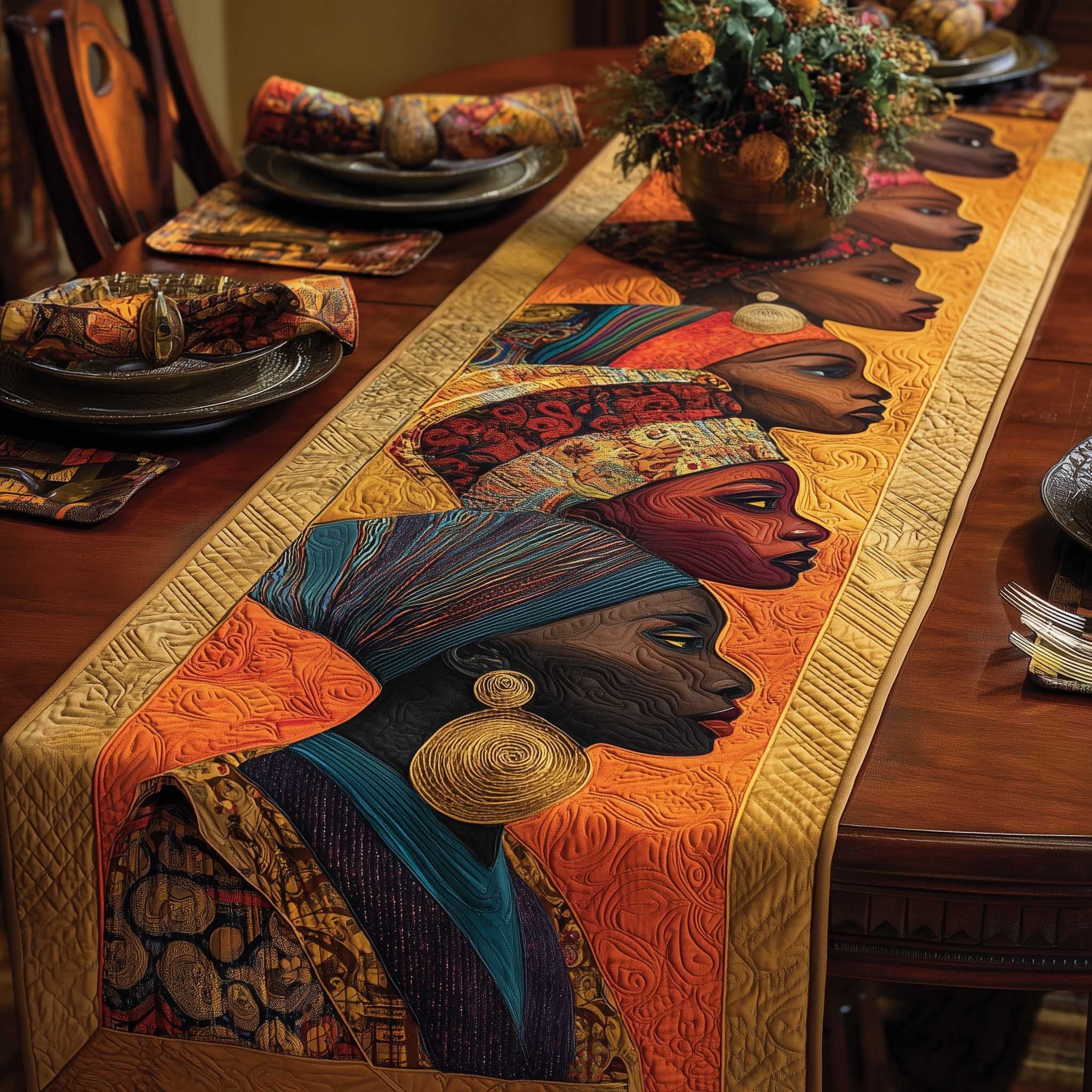 Women in Headwraps on Orange Table Runner