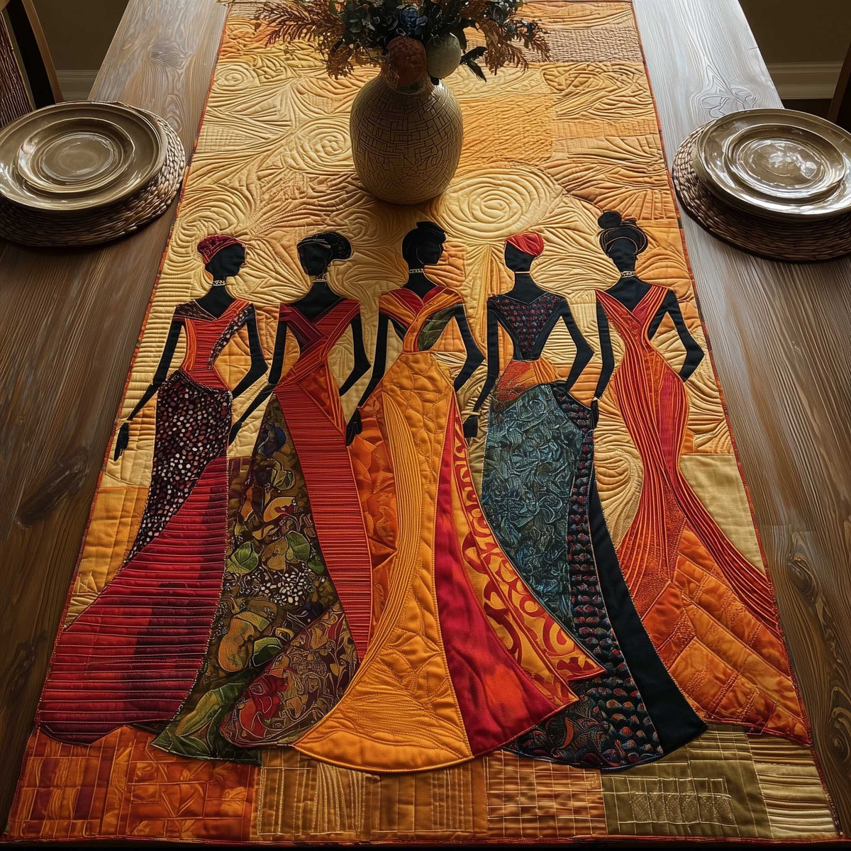 Women in Colorful Gowns on Cream Table Runner