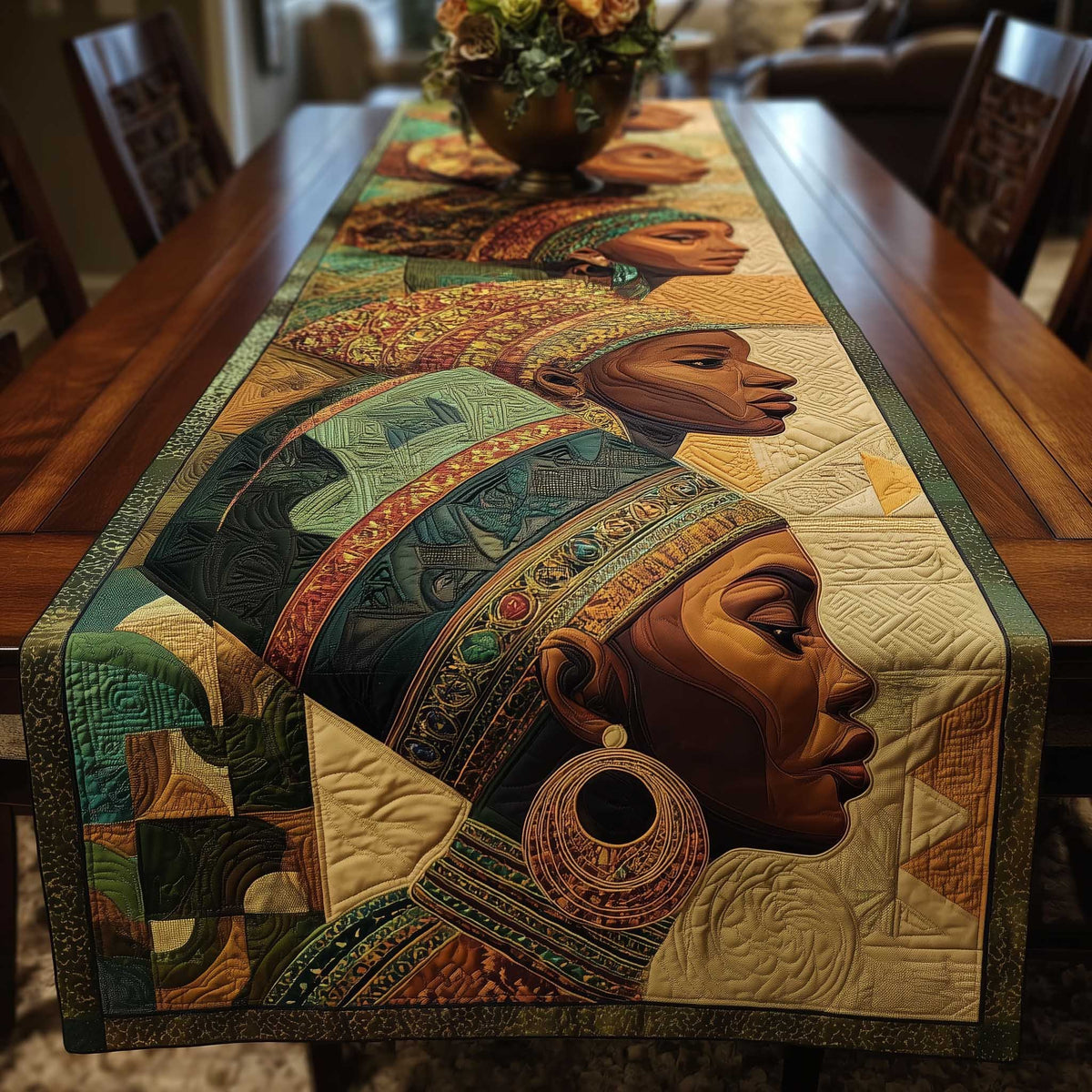 Woman in Profile in Green and Gold Table Runner