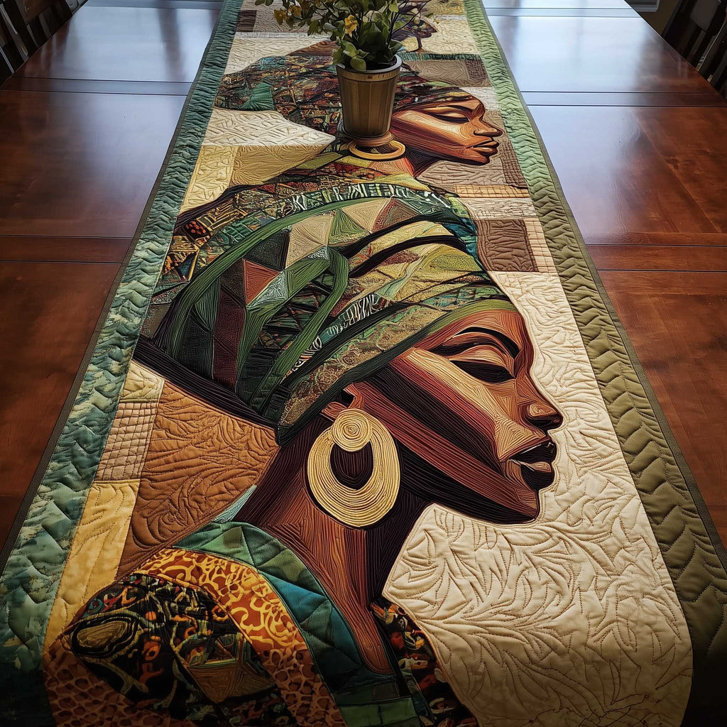 Woman in Green Headwrap on Cream Table Runner
