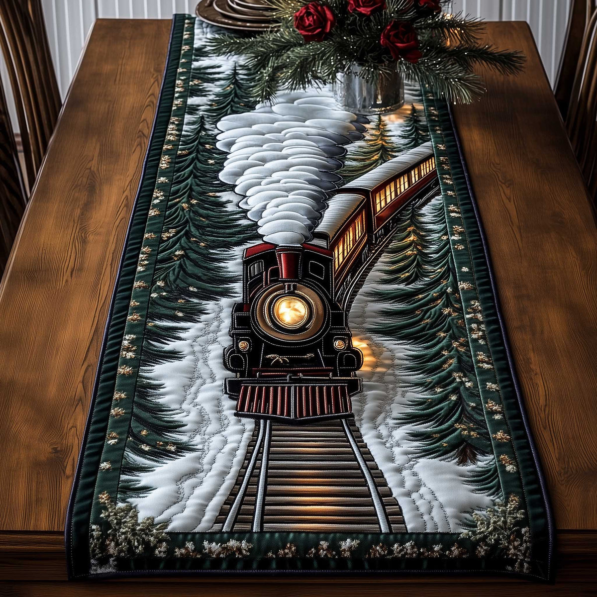 Steam Train Between Snowy Pines Table Runner