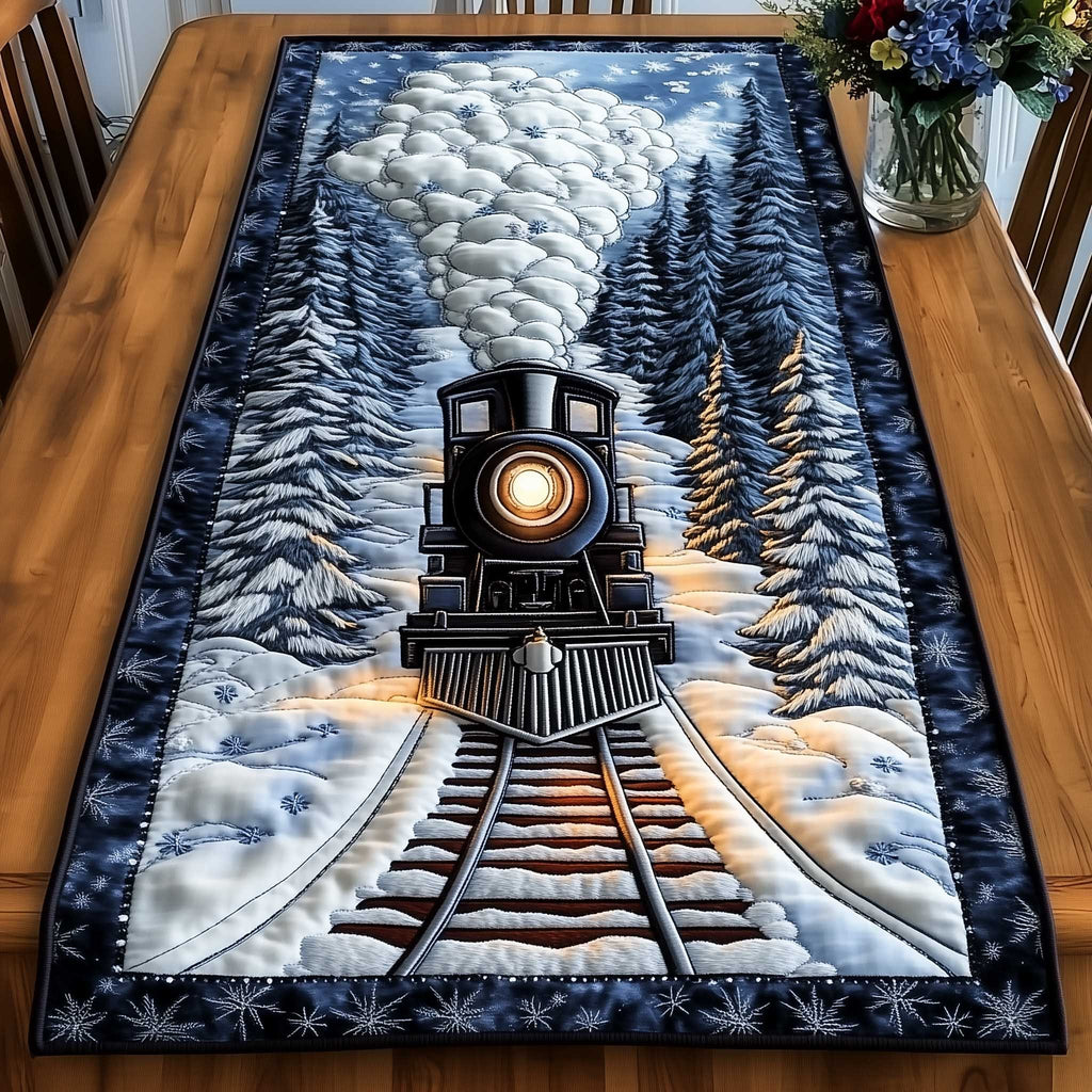 Locomotive Facing Down Snowy Tracks Table Runner