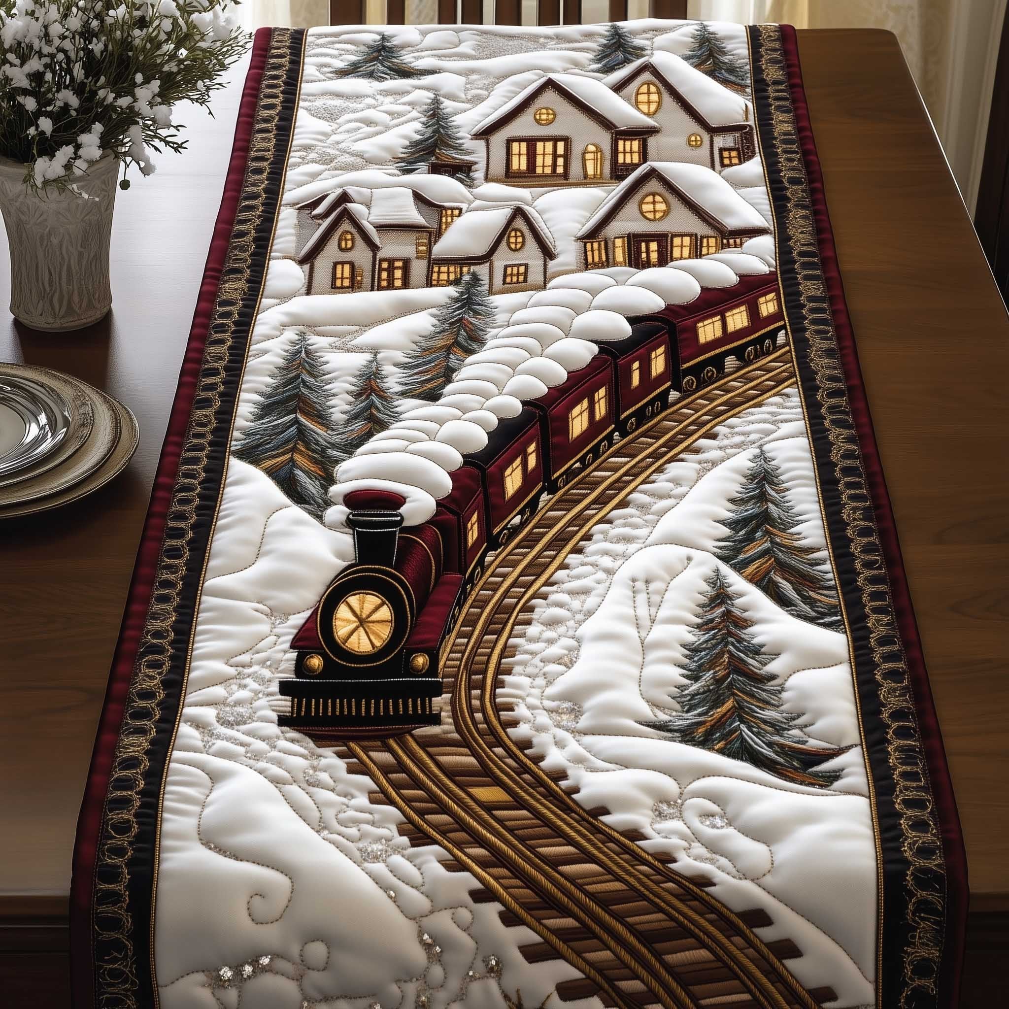 Train Curving Below a Snowy Village Table Runner