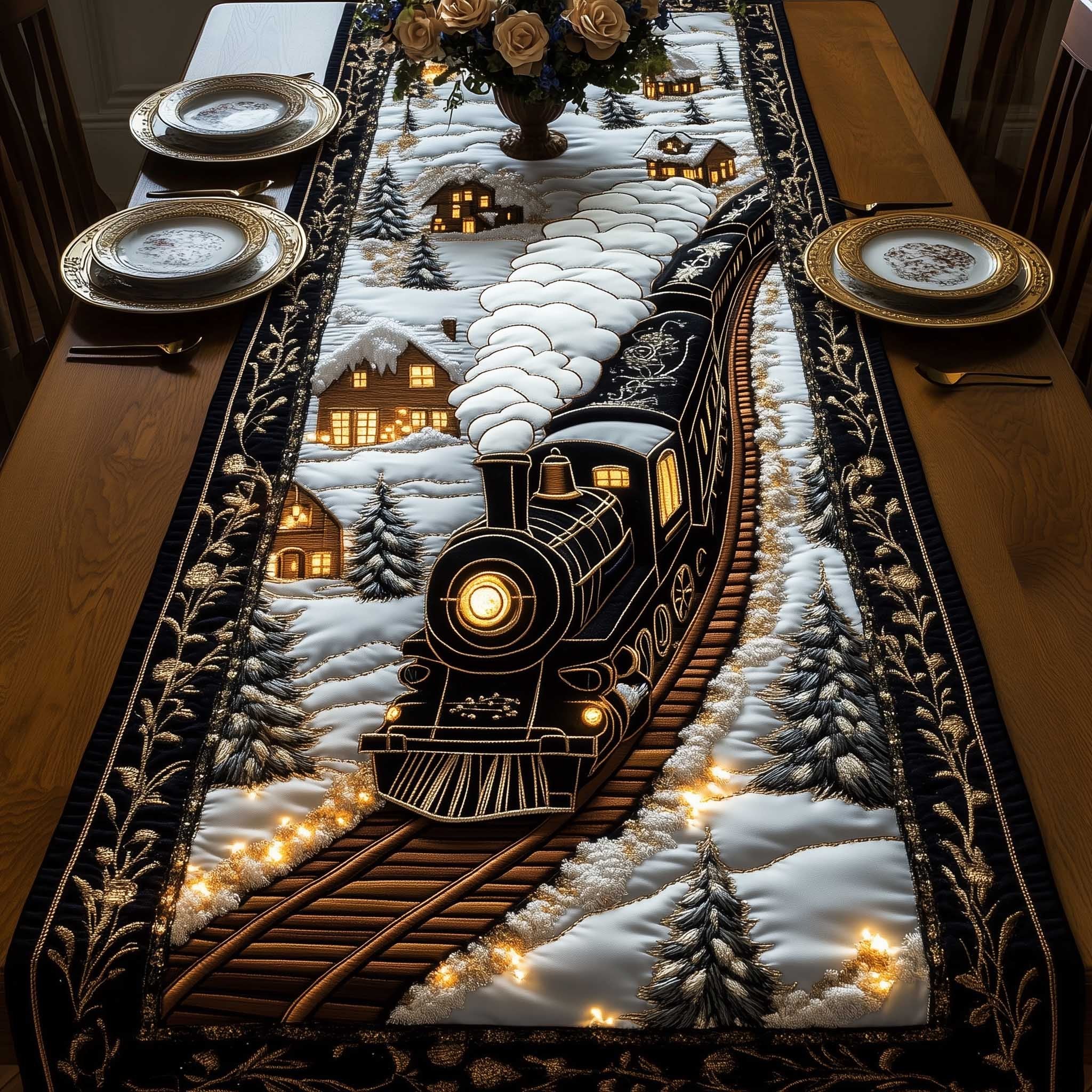 Train with Golden Lights on Snow Table Runner