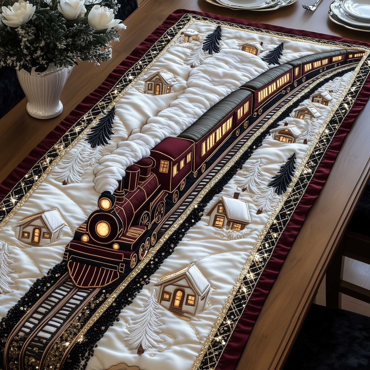 Red Train Through Snowy Hills Table Runner
