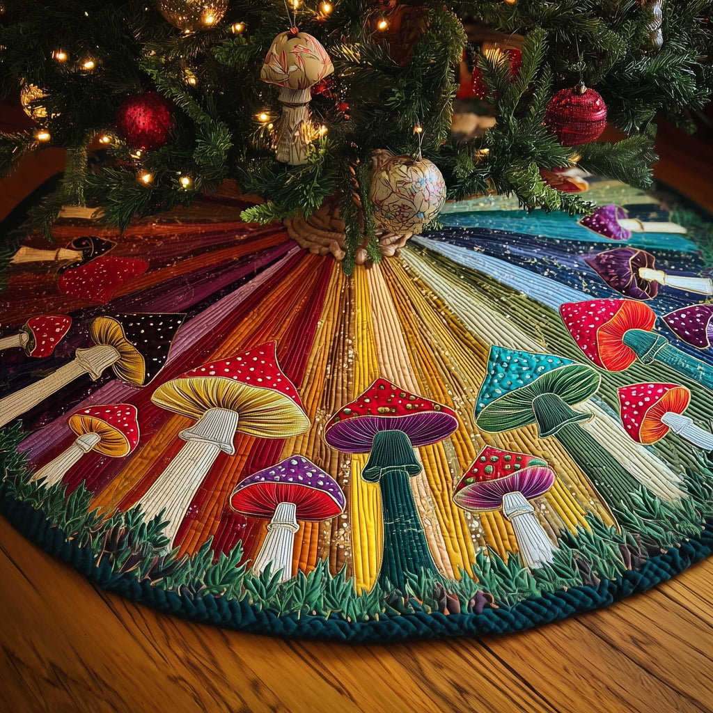 Mushrooms on Rainbow Rays Christmas Tree Skirt