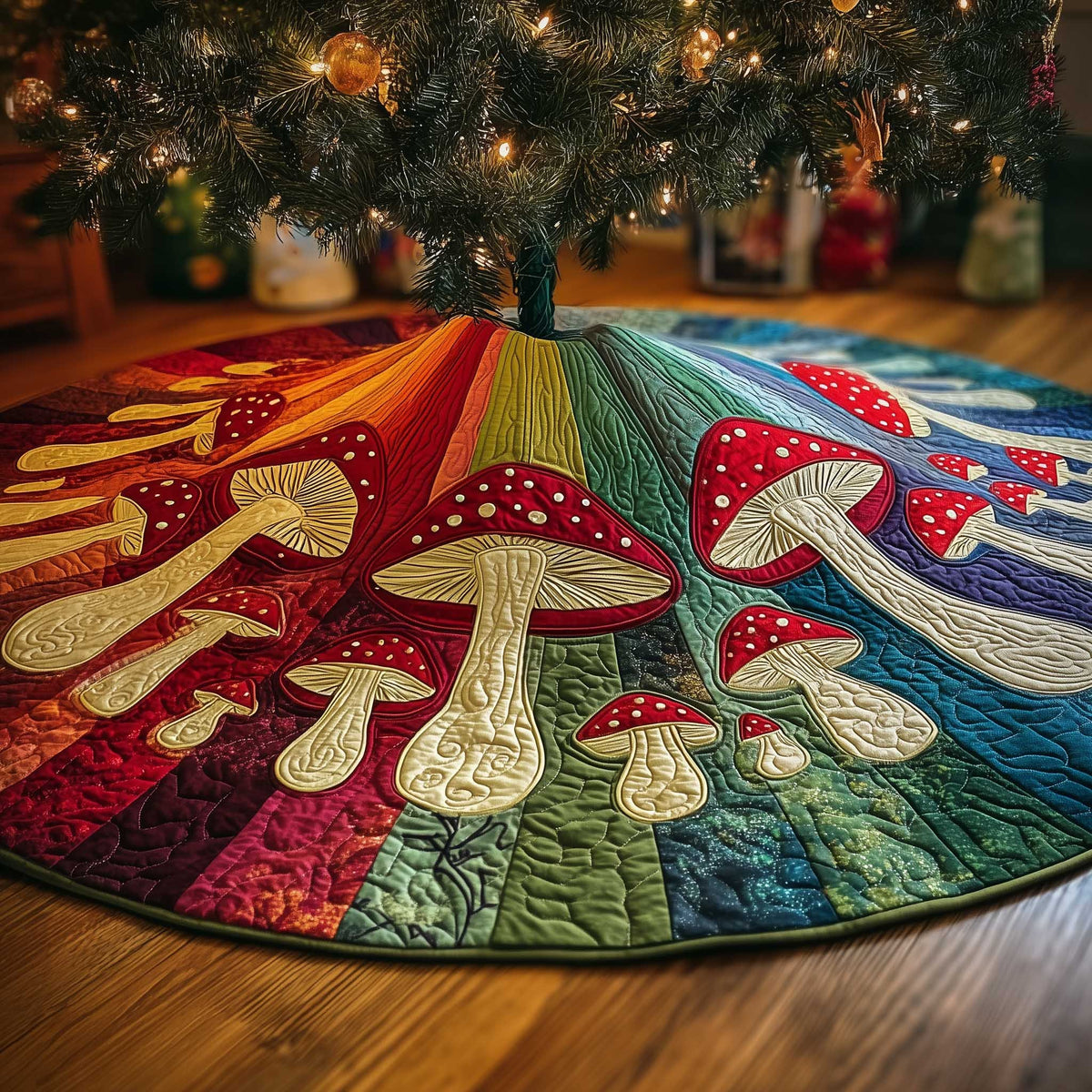 Mushrooms on Rainbow Wedges Christmas Tree Skirt