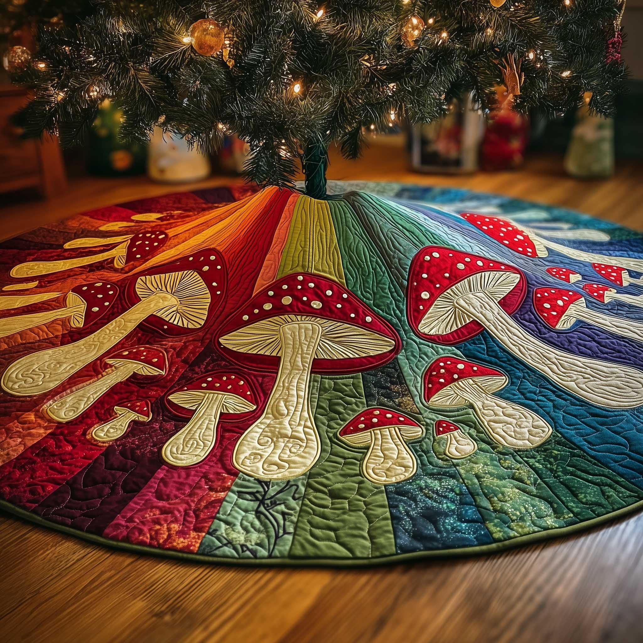 Mushrooms on Rainbow Wedges Christmas Tree Skirt