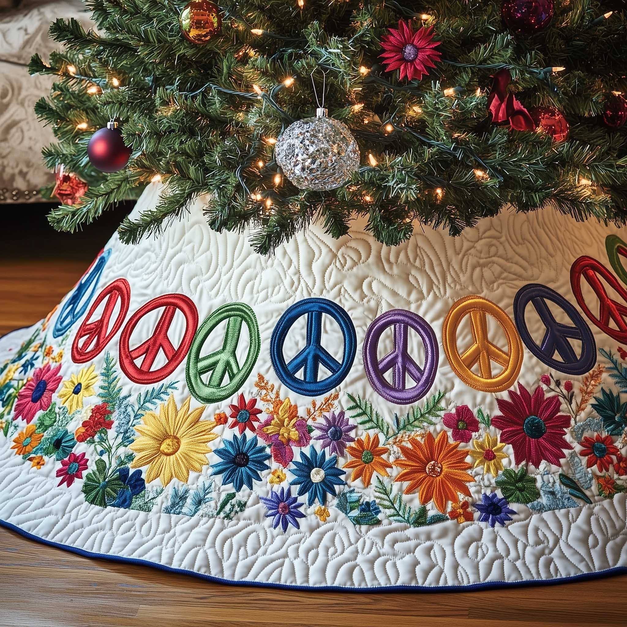 Peace Signs with Flowers on White Christmas Tree Skirt