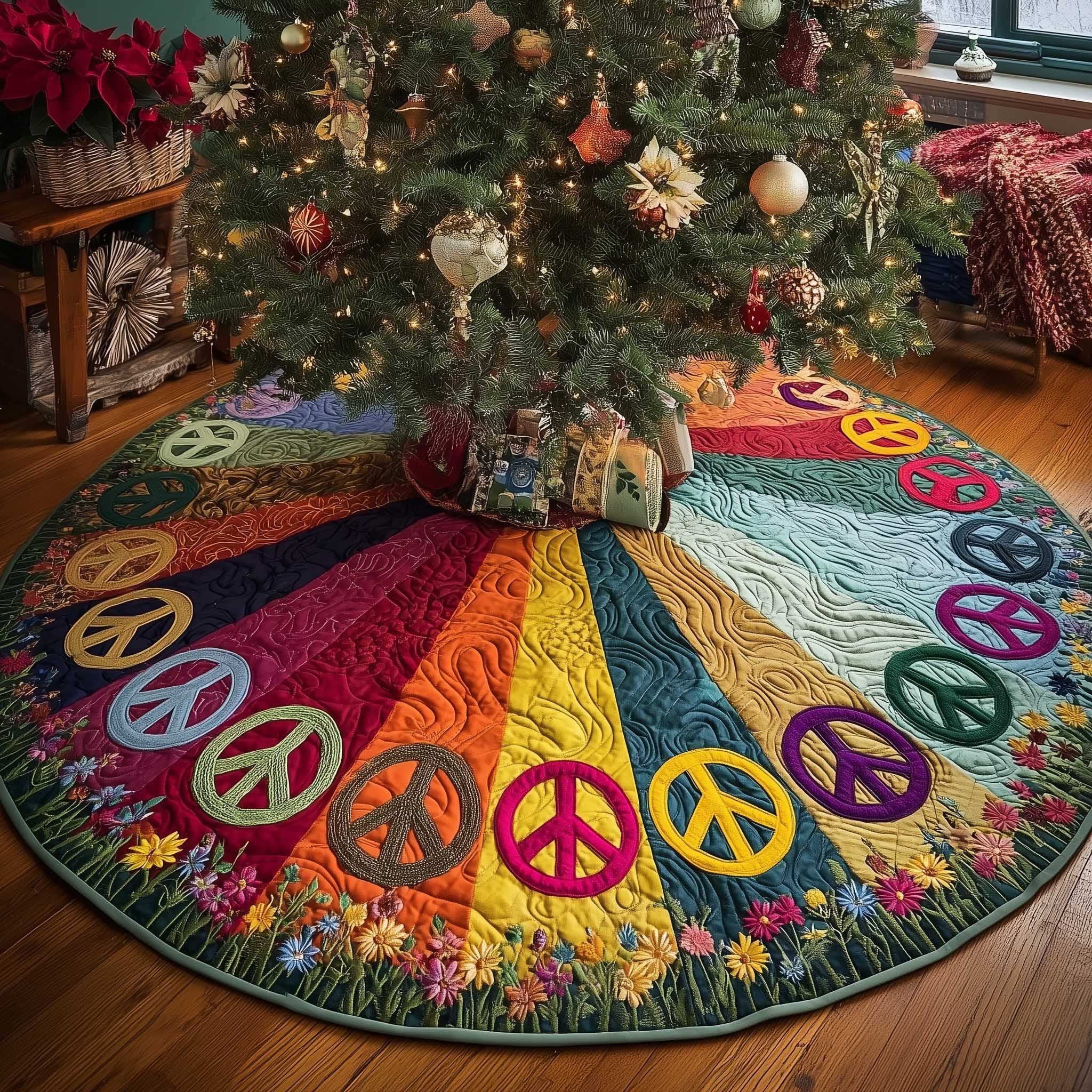 Peace Signs on Rainbow Wedges Christmas Tree Skirt