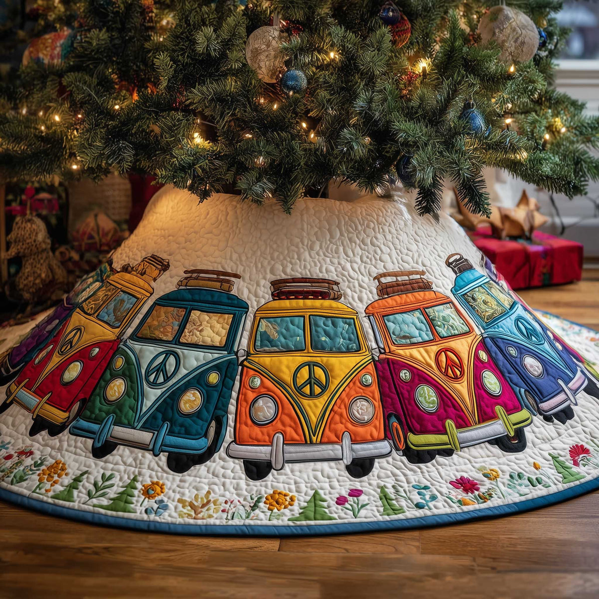 Hippie Camper Vans with Flower Border Christmas Tree Skirt