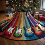 Guitars on Rainbow Stripes Christmas Tree Skirt