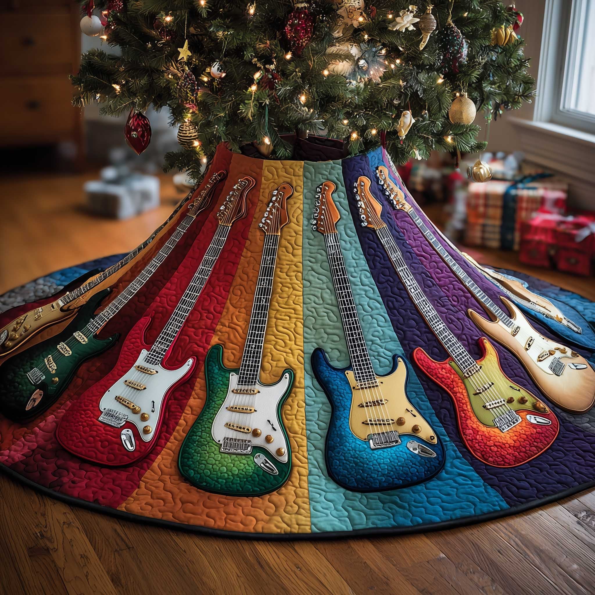 Guitars on Rainbow Stripes Christmas Tree Skirt