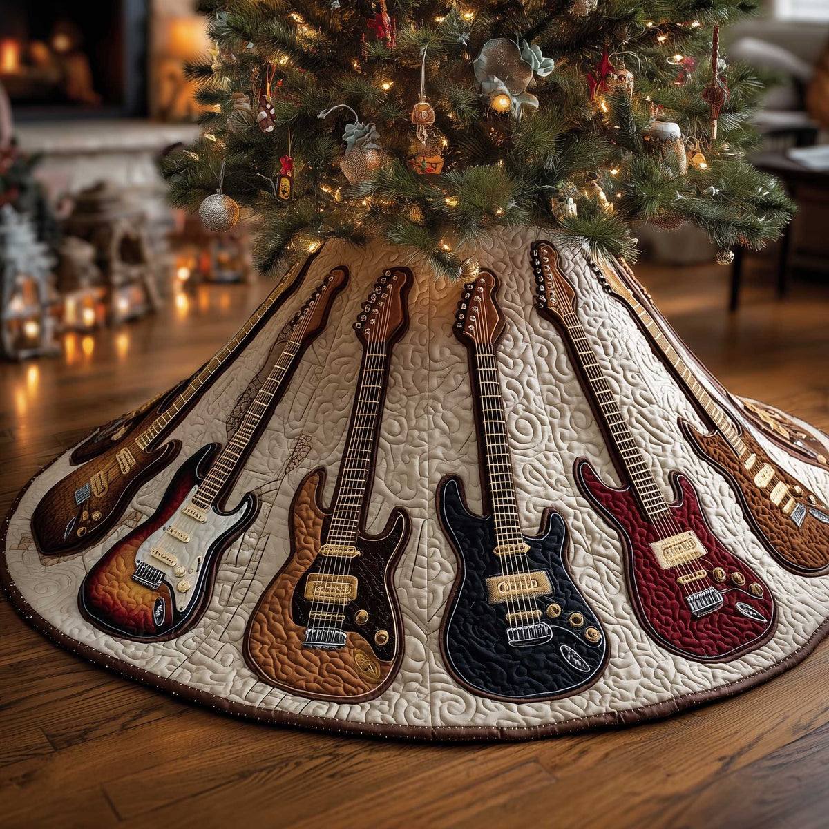 Guitars on Warm Cream Quilt Christmas Tree Skirt