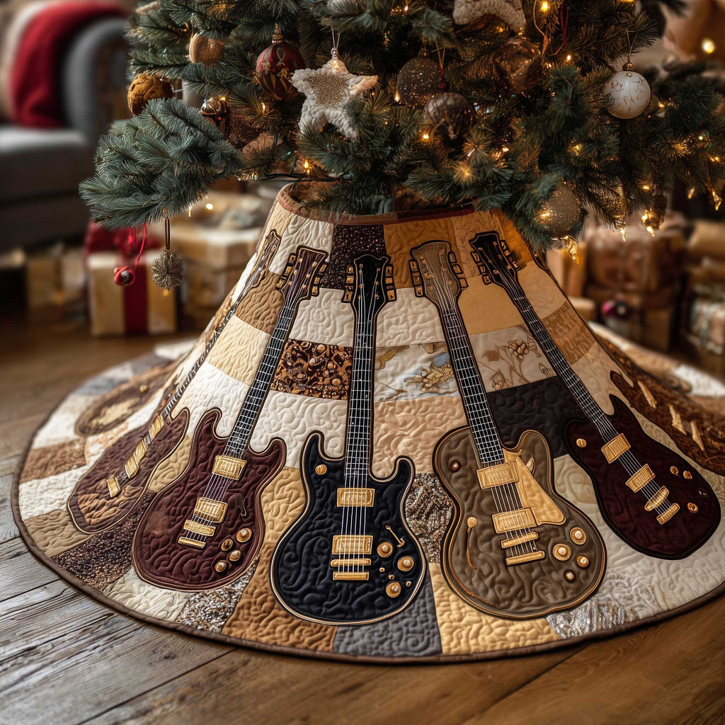 Guitars on Brown Patchwork Christmas Tree Skirt