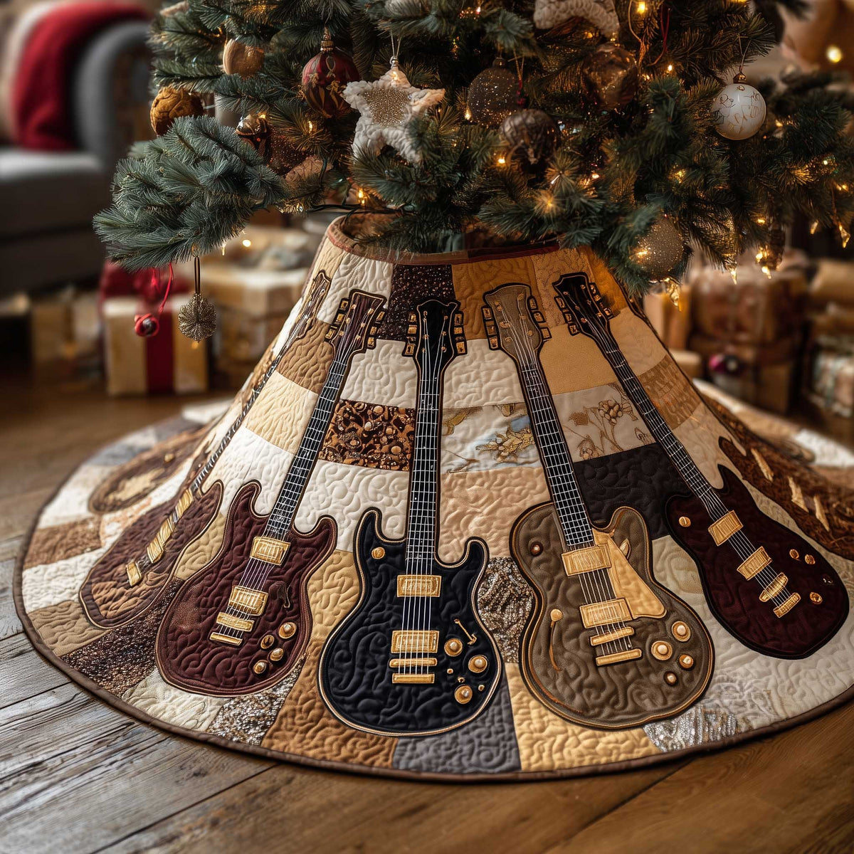 Guitars on Brown Patchwork Christmas Tree Skirt