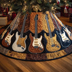 Guitars on Orange and Navy Panels Christmas Tree Skirt