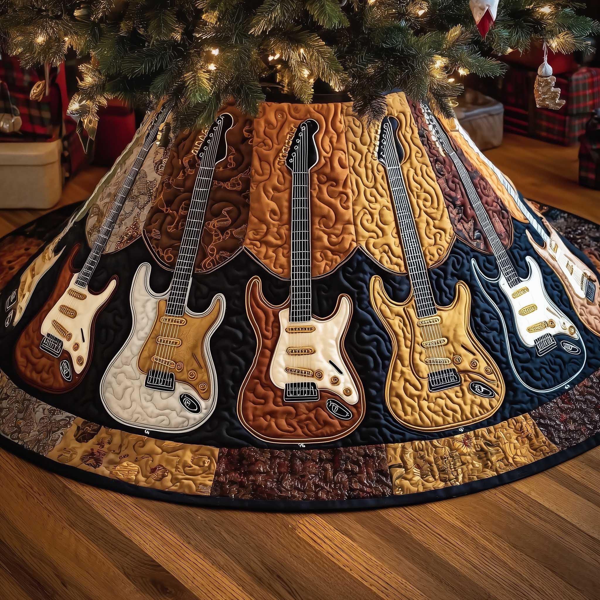 Guitars on Orange and Navy Panels Christmas Tree Skirt