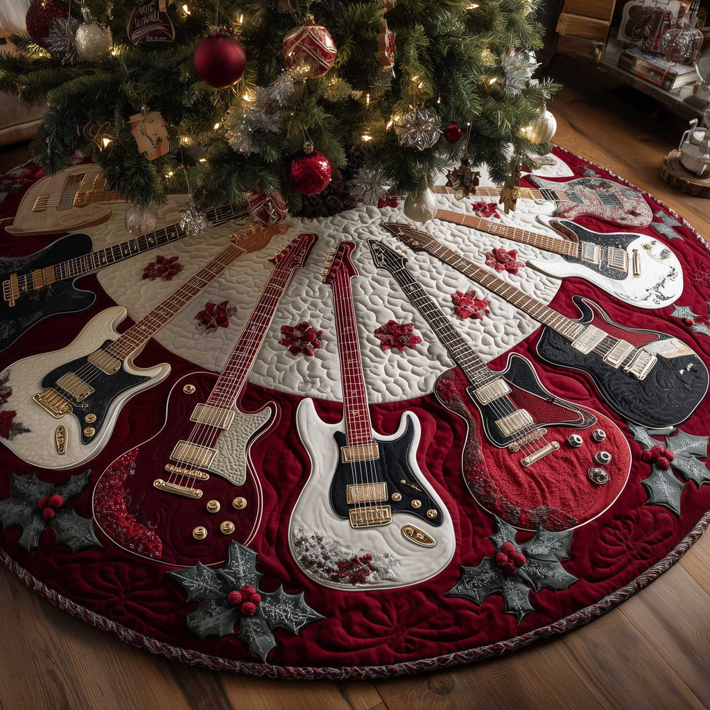 Guitars on Red and White Poinsettia Christmas Tree Skirt