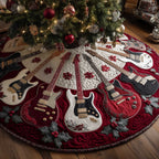 Guitars on Red and White Poinsettia Christmas Tree Skirt