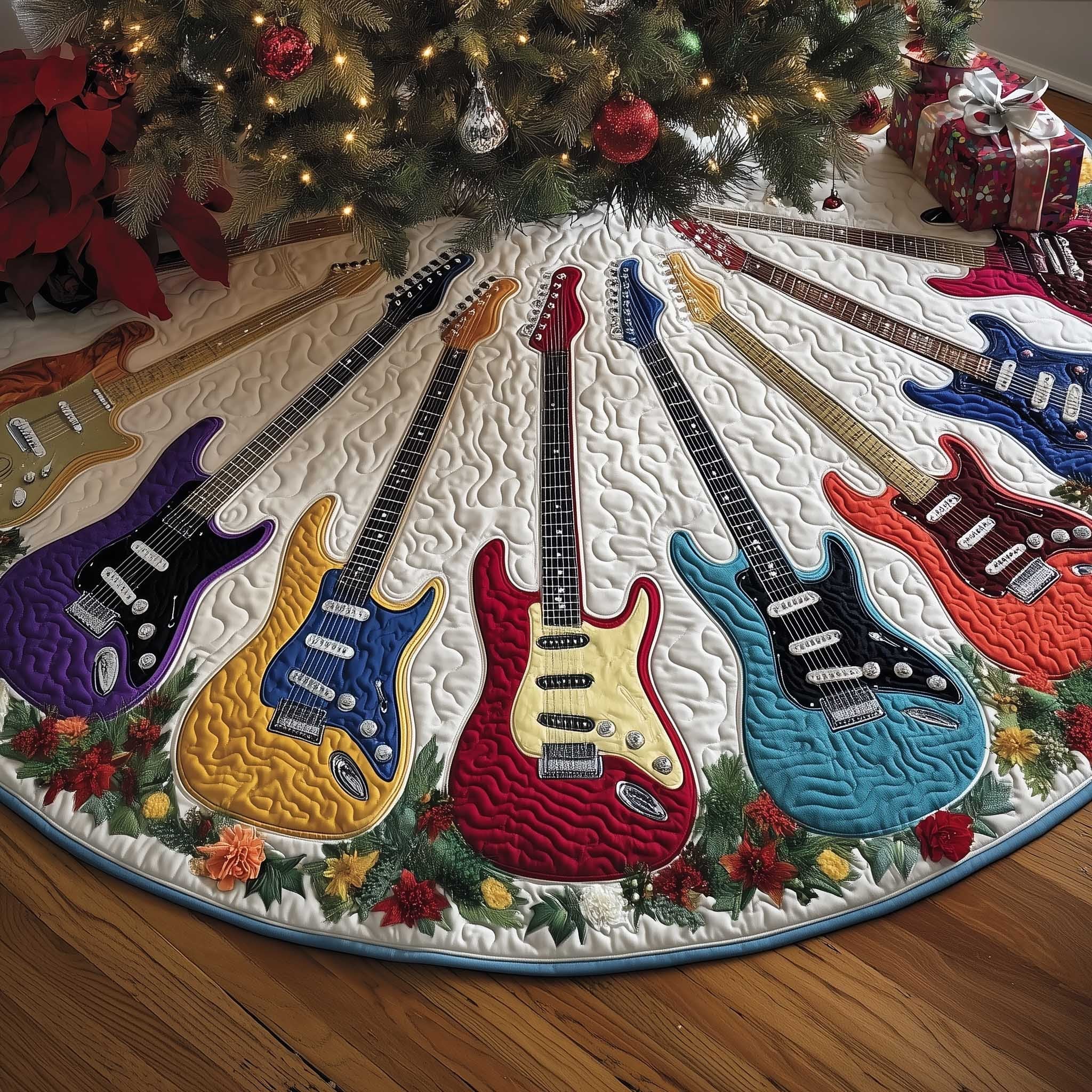 Electric Guitars with Holly on White Christmas Tree Skirt