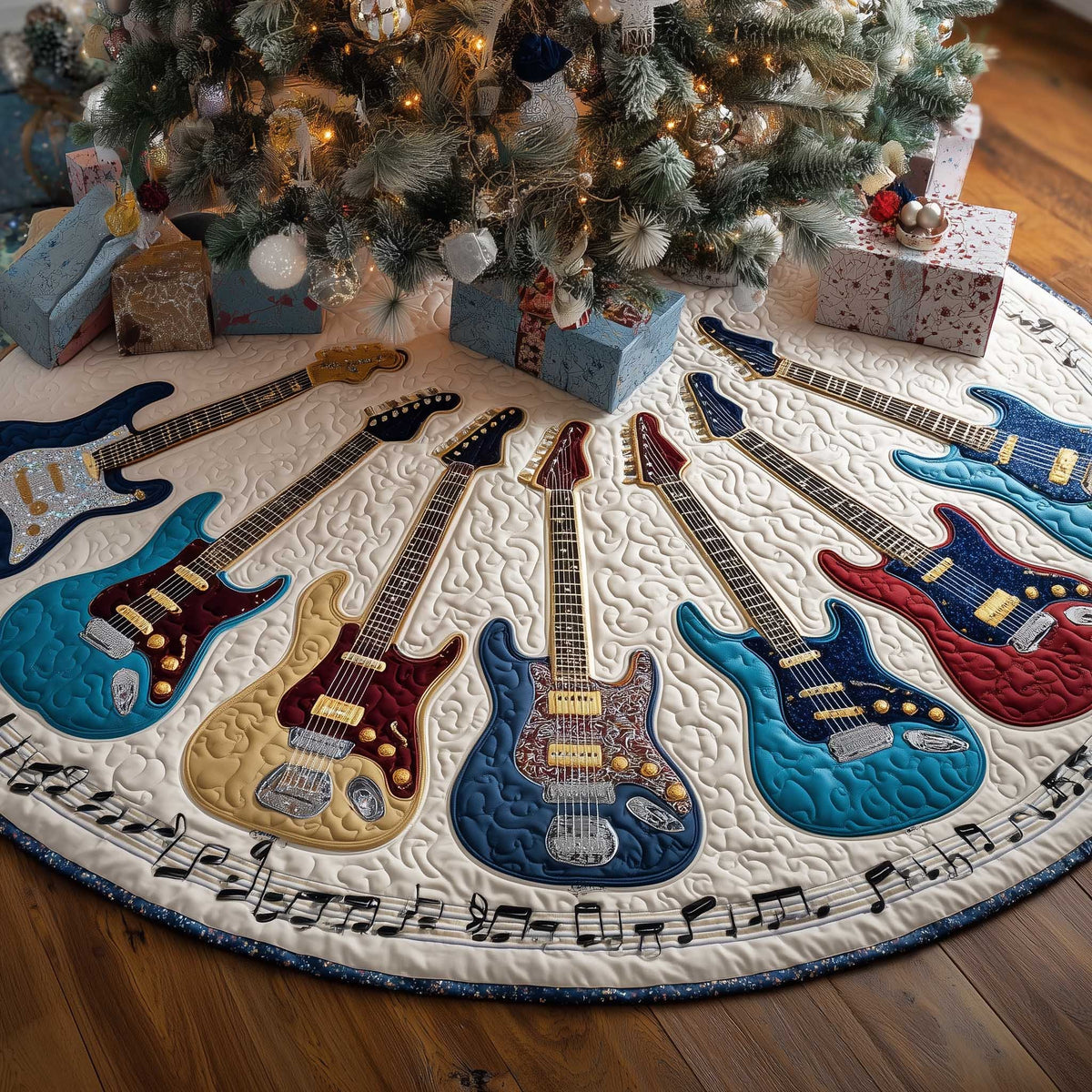 Electric Guitars with Music Notes Christmas Tree Skirt