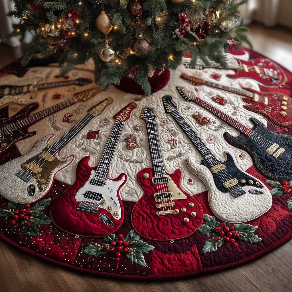 Red and White Guitars on Crimson Christmas Tree Skirt
