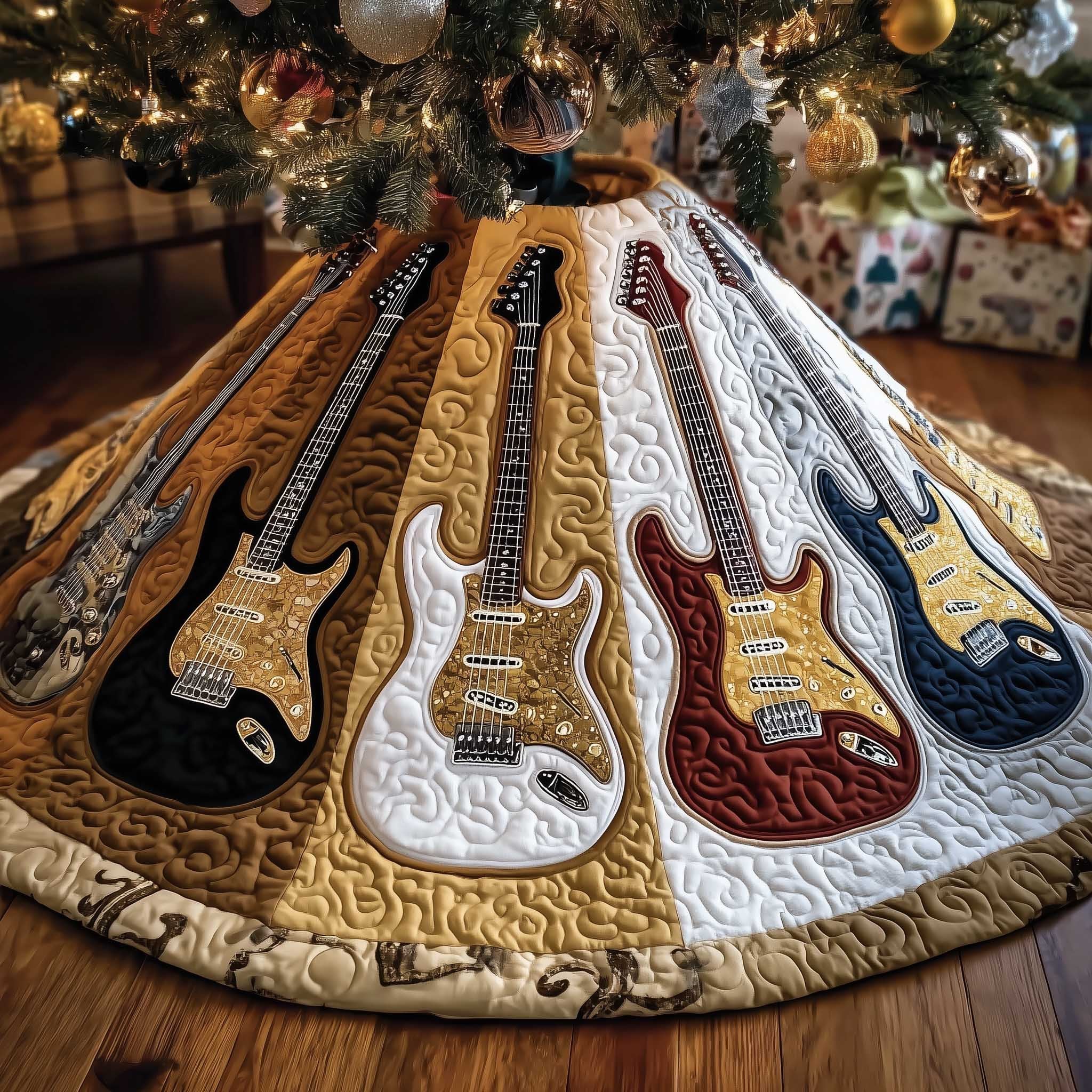 Vintage Guitars on Cream Quilting Christmas Tree Skirt