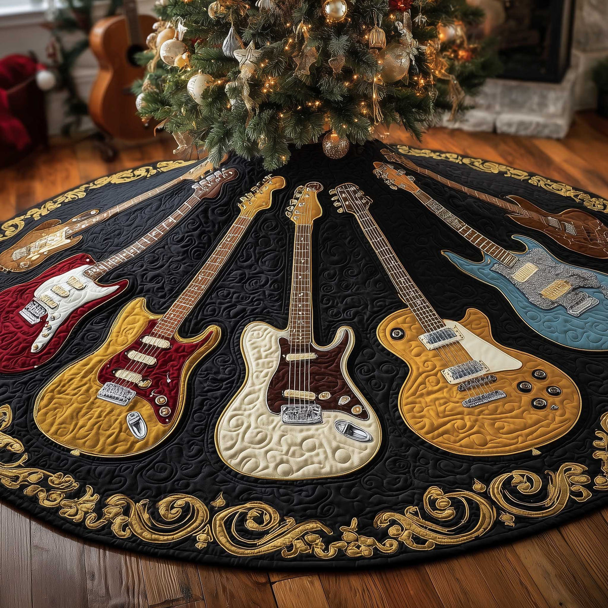 Guitars on Black with Gold Scrolls Christmas Tree Skirt