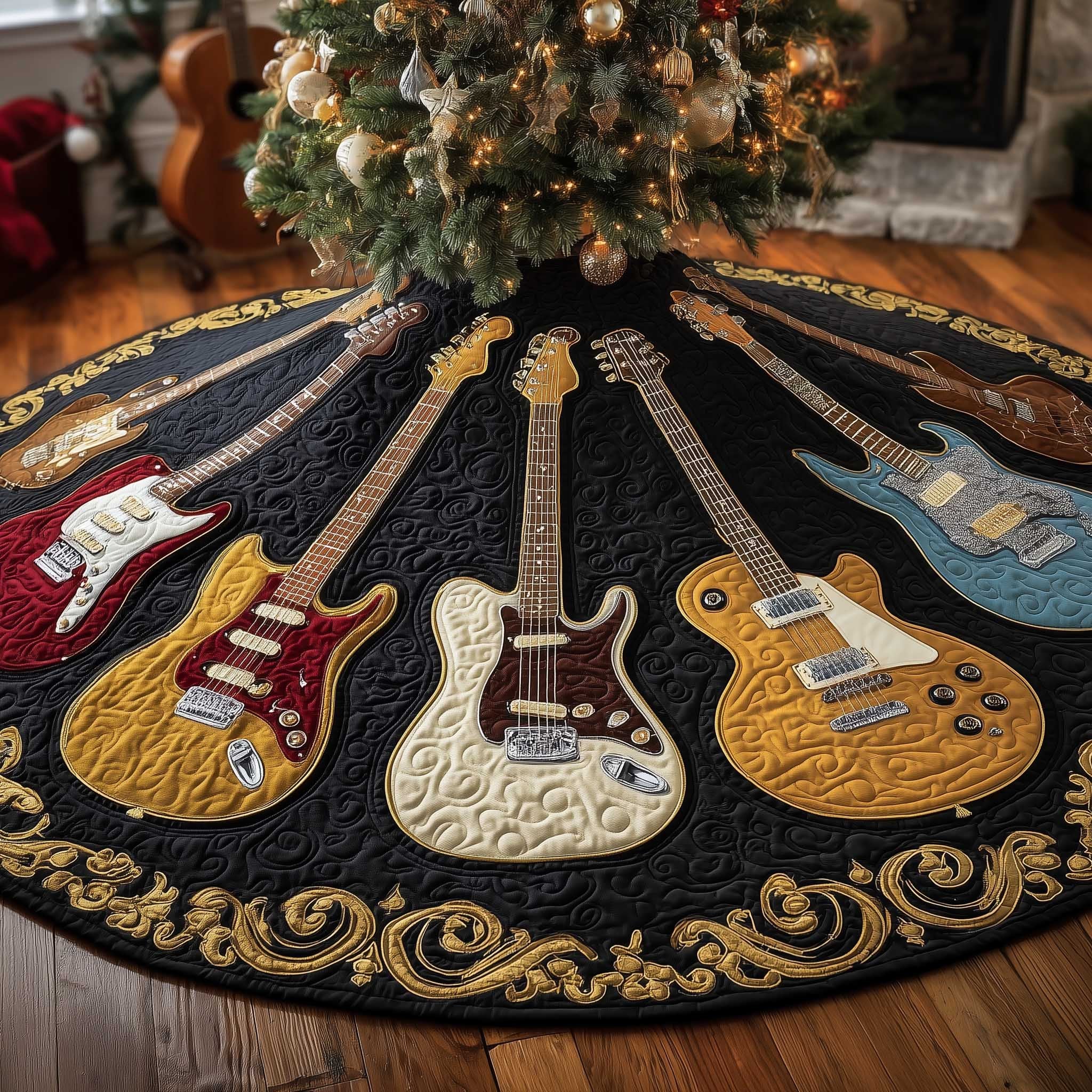 Guitars on Black with Gold Scrolls Christmas Tree Skirt