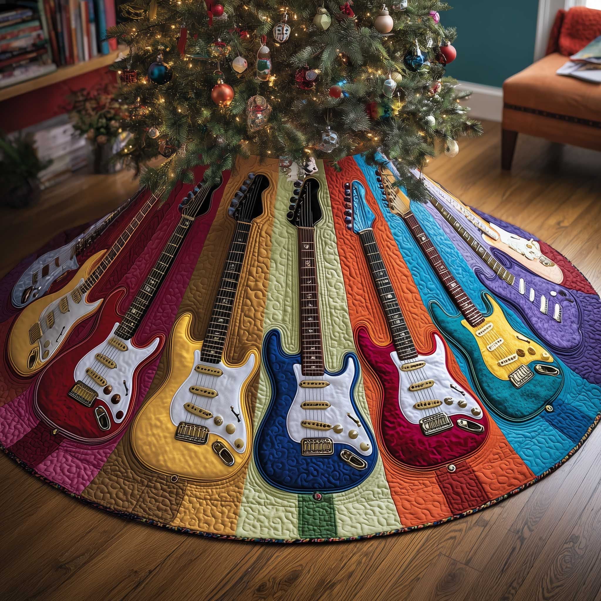 Guitars on the Rainbow Wedges Christmas Tree Skirt