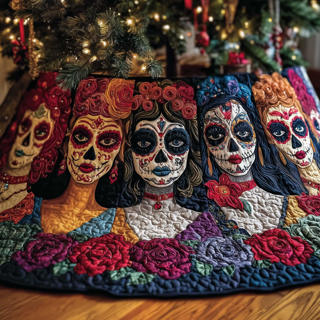 Sugar Skull Women with Roses Christmas Tree Skirt