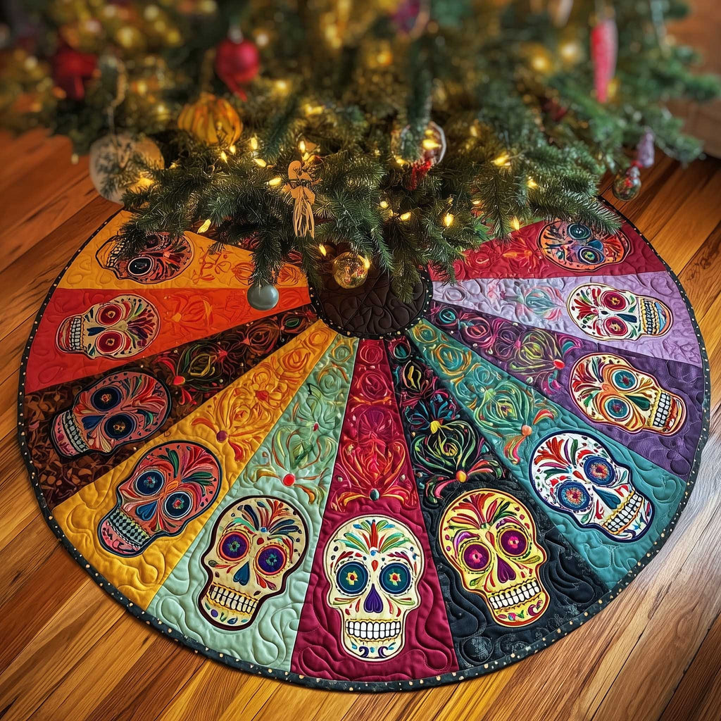 Sugar Skulls on Rainbow Wedges Christmas Tree Skirt