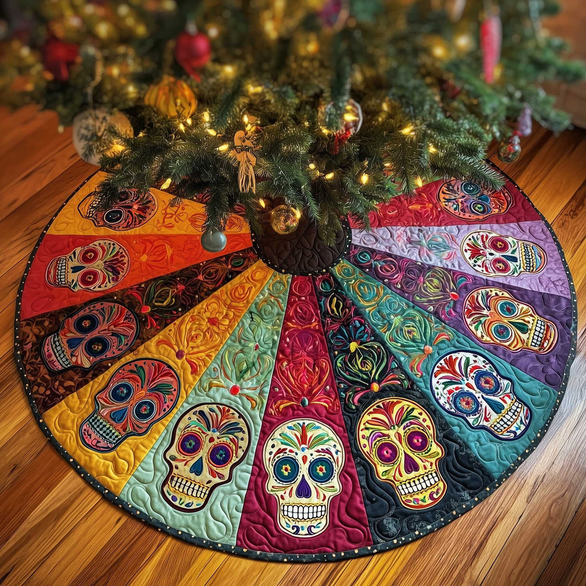 Sugar Skulls on Rainbow Wedges Christmas Tree Skirt
